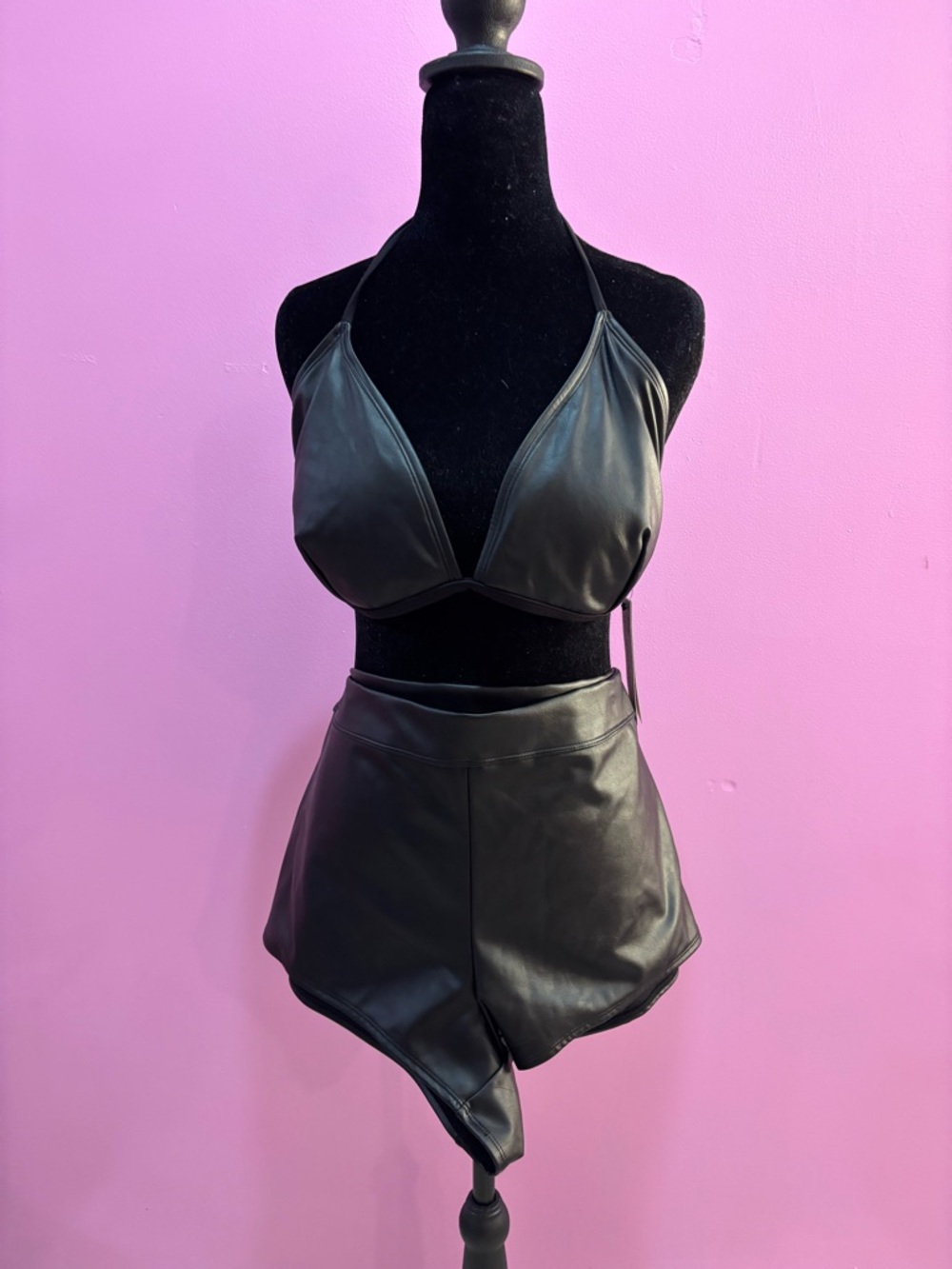 No Boundaries Black Faux Leather Bikini Top & High-Waist Shorts